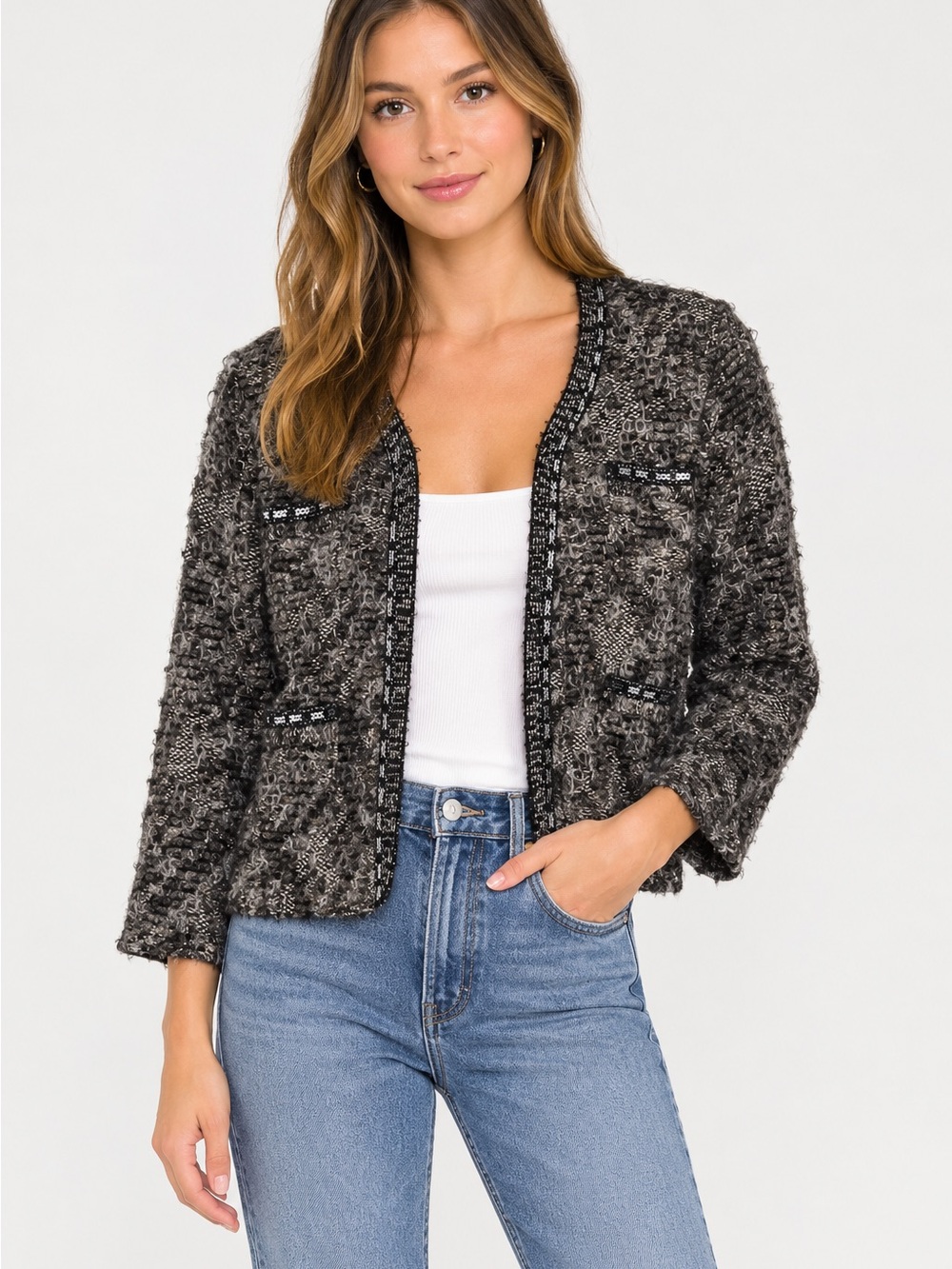 Zara Lagenlook cardigan alpaca knit jacket gold thread sequin trim size S top
